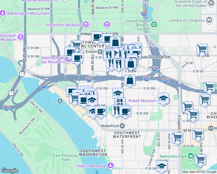 map of restaurants, bars, coffee shops, grocery stores, and more near 101 Independence Avenue Southeast in Washington