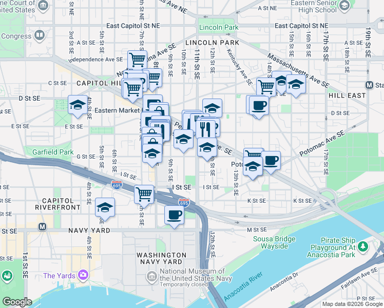 map of restaurants, bars, coffee shops, grocery stores, and more near 1018 G Street Southeast in Washington