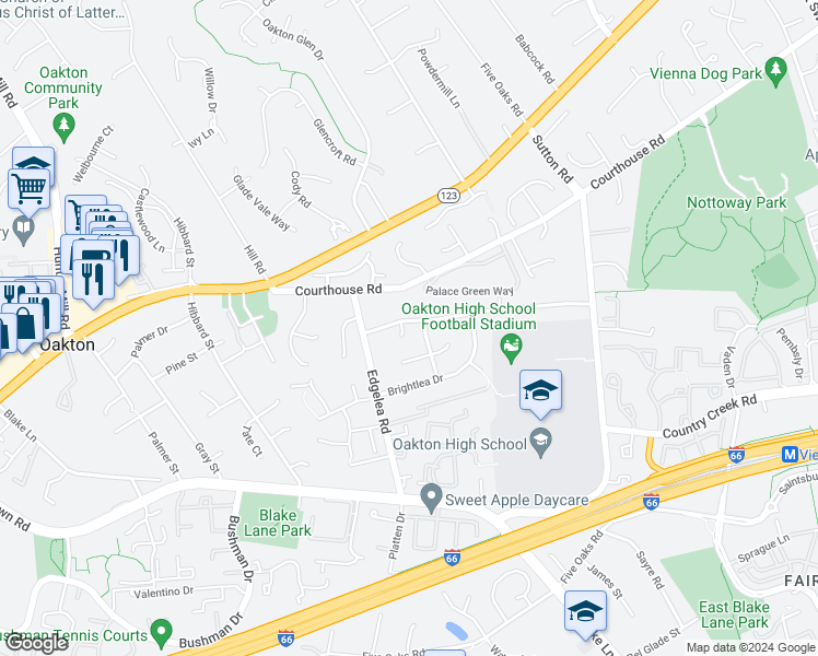 map of restaurants, bars, coffee shops, grocery stores, and more near 9903 Oleander Avenue in Vienna