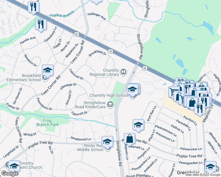 map of restaurants, bars, coffee shops, grocery stores, and more near 13379 Brookfield Court in Chantilly