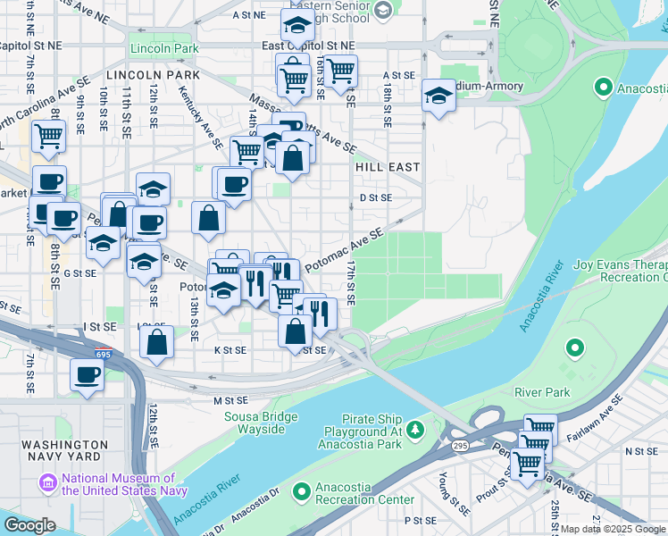 map of restaurants, bars, coffee shops, grocery stores, and more near 1618 G Street Southeast in Washington