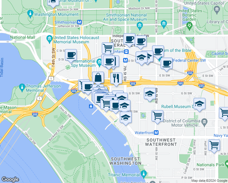 map of restaurants, bars, coffee shops, grocery stores, and more near 817 G Street Southwest in Washington