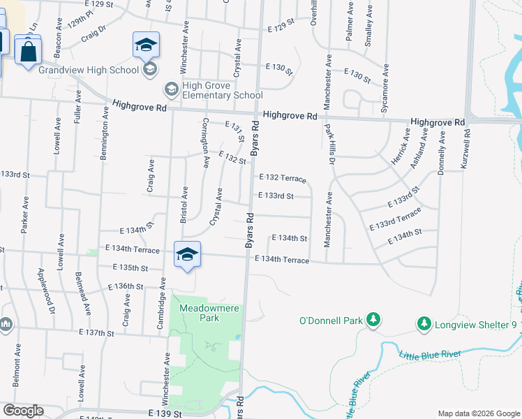 map of restaurants, bars, coffee shops, grocery stores, and more near 7400 East 133rd Terrace in Grandview