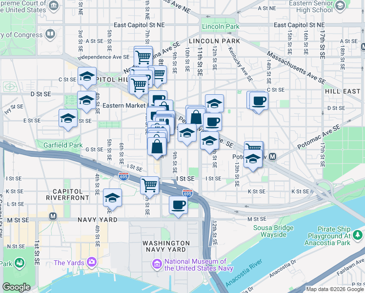 map of restaurants, bars, coffee shops, grocery stores, and more near 101 Independence Avenue Southeast in Washington