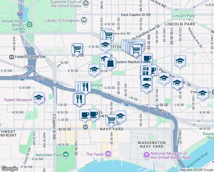 map of restaurants, bars, coffee shops, grocery stores, and more near 101 Independence Avenue Southeast in Washington