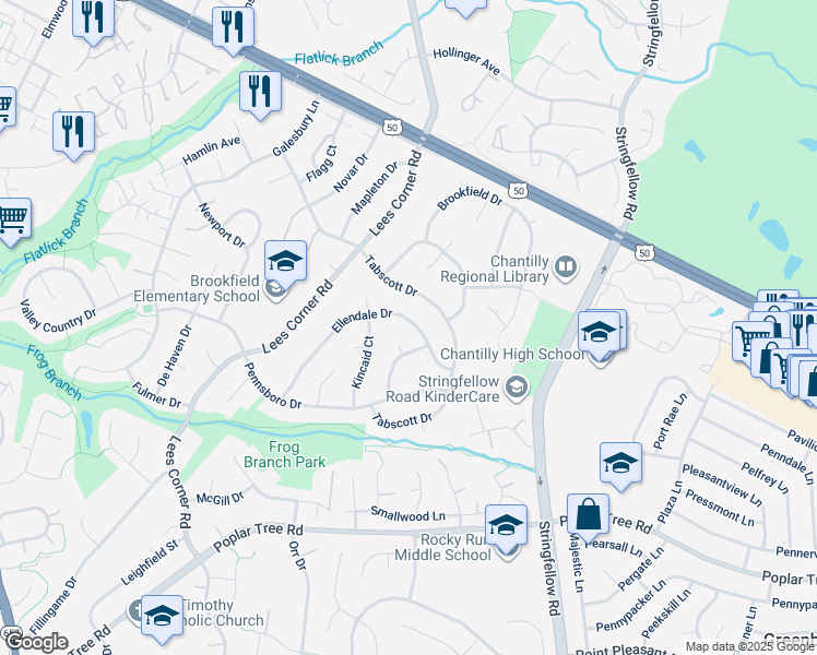 map of restaurants, bars, coffee shops, grocery stores, and more near 13517 Ellendale Drive in Chantilly