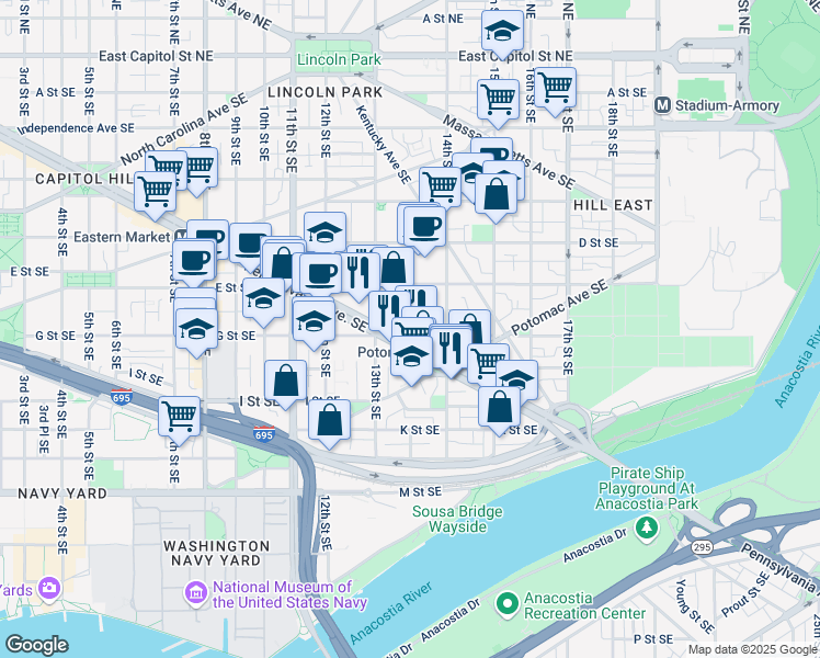 map of restaurants, bars, coffee shops, grocery stores, and more near 1338 G Street Southeast in Washington
