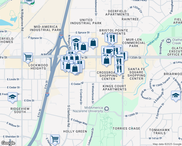map of restaurants, bars, coffee shops, grocery stores, and more near 1938 E Lindenwood Cir in Olathe