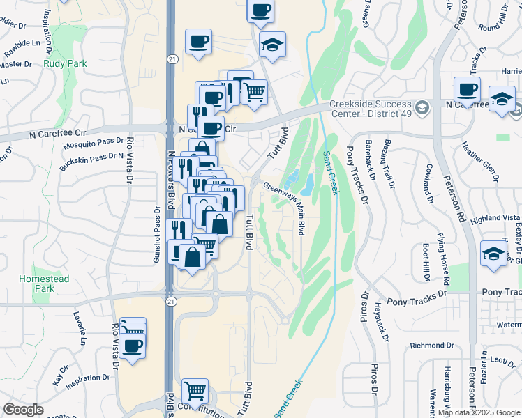 map of restaurants, bars, coffee shops, grocery stores, and more near 3315 Emmett View Drive in Colorado Springs
