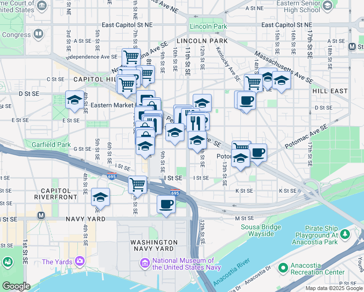 map of restaurants, bars, coffee shops, grocery stores, and more near 1016 G Street Southeast in Washington
