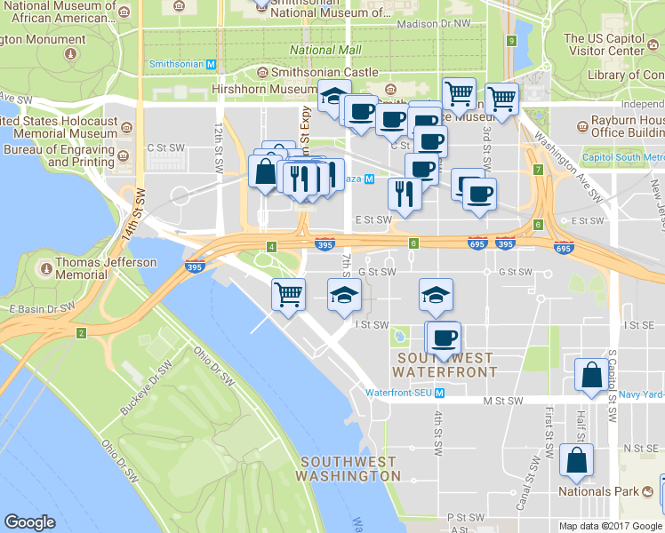 map of restaurants, bars, coffee shops, grocery stores, and more near 709 G Street Southwest in Washington