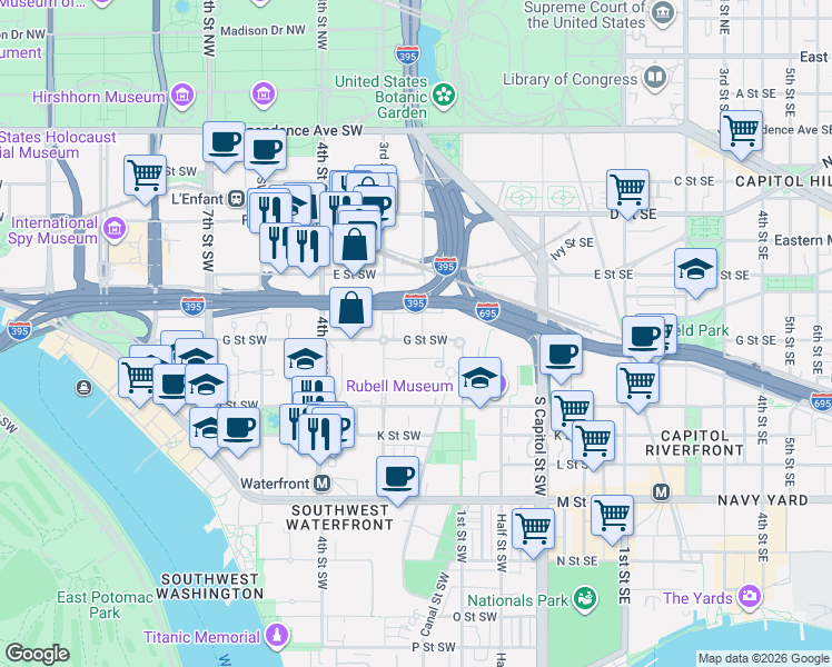map of restaurants, bars, coffee shops, grocery stores, and more near 205 G Street Southwest in Washington