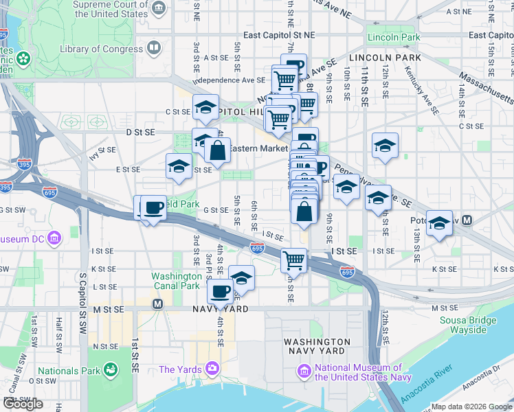 map of restaurants, bars, coffee shops, grocery stores, and more near 101 Independence Avenue Southeast in Washington