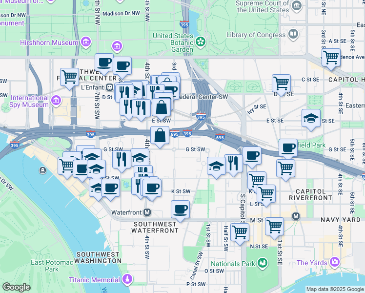 map of restaurants, bars, coffee shops, grocery stores, and more near 287 G Street Southwest in Washington