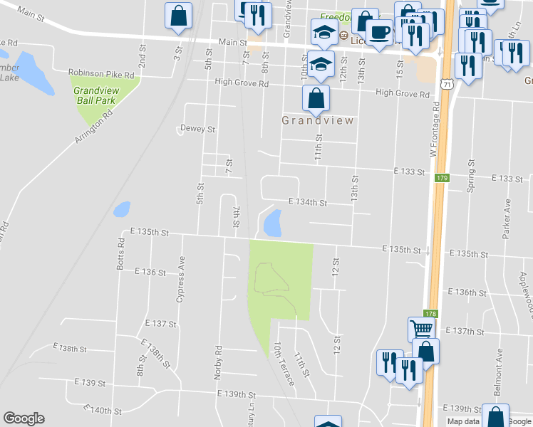 map of restaurants, bars, coffee shops, grocery stores, and more near 837 Lakeview Drive in Grandview