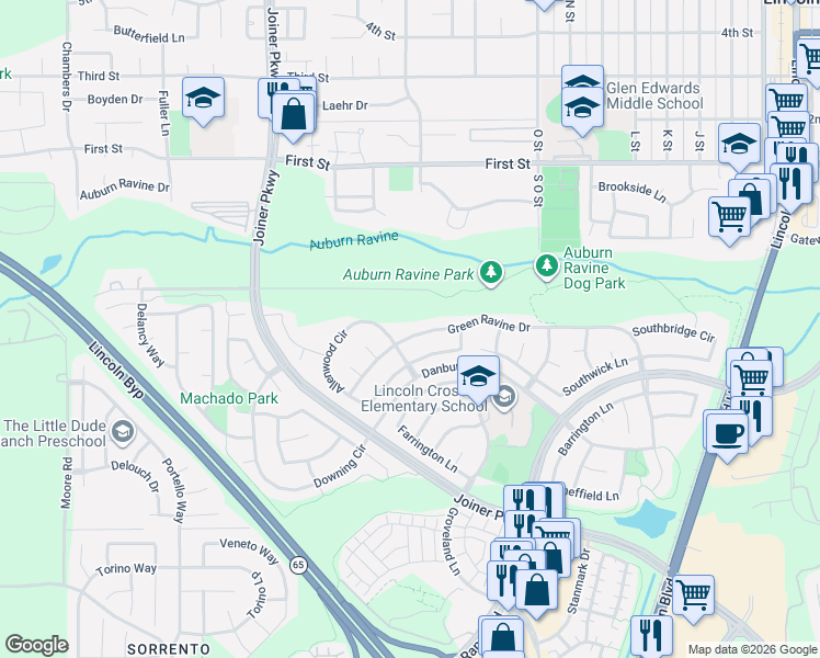 map of restaurants, bars, coffee shops, grocery stores, and more near 1536 Green Ravine Drive in Lincoln