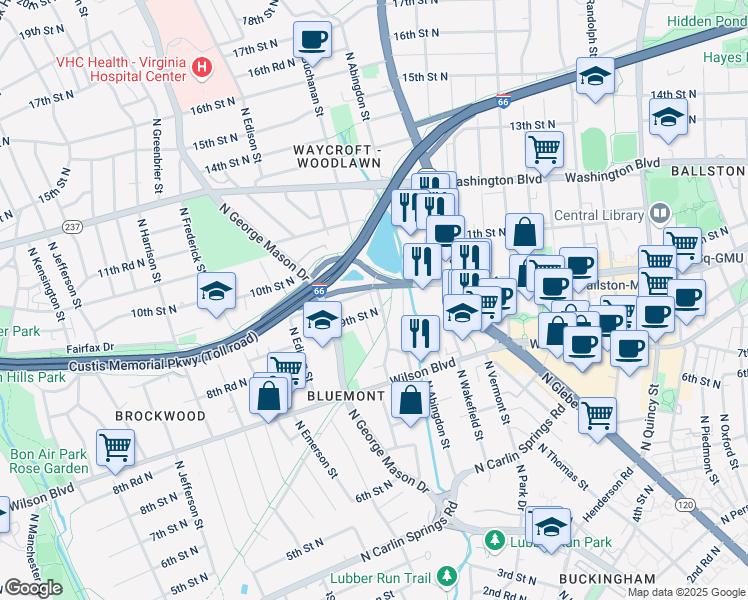 map of restaurants, bars, coffee shops, grocery stores, and more near 920 North Buchanan Street in Arlington