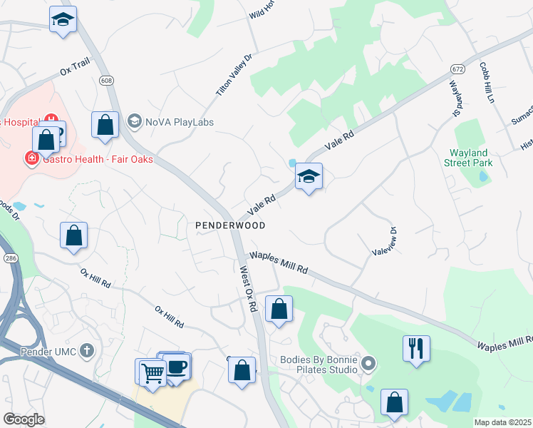 map of restaurants, bars, coffee shops, grocery stores, and more near 12202 Fox Valley Court in Oakton