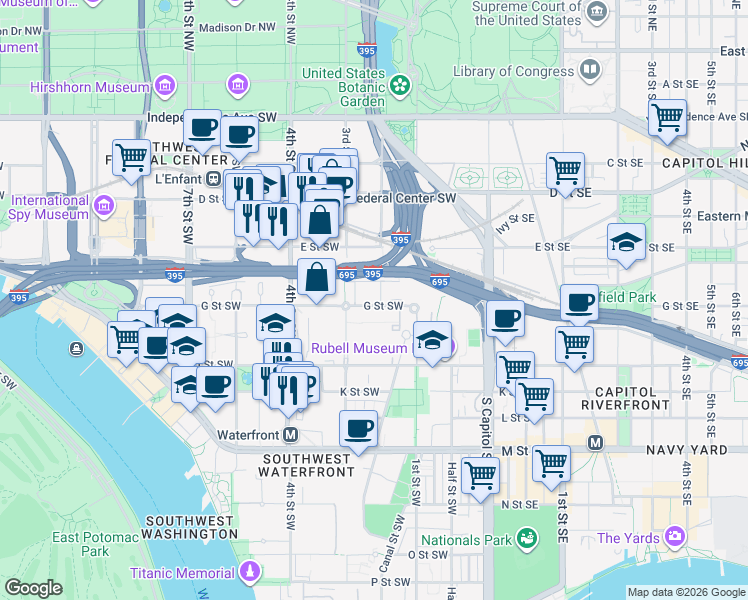 map of restaurants, bars, coffee shops, grocery stores, and more near 205 G Street Southwest in Washington