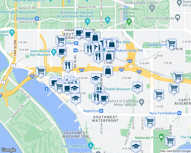 map of restaurants, bars, coffee shops, grocery stores, and more near 425 G Street Southwest in Washington