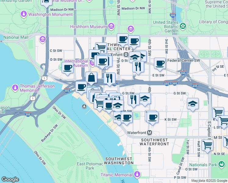 map of restaurants, bars, coffee shops, grocery stores, and more near 709 G Street Southwest in Washington