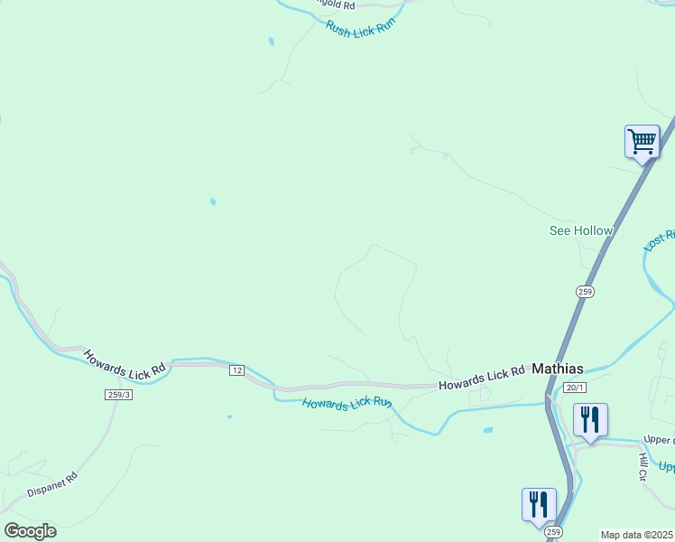 map of restaurants, bars, coffee shops, grocery stores, and more near Snider's Ridge in Mathias