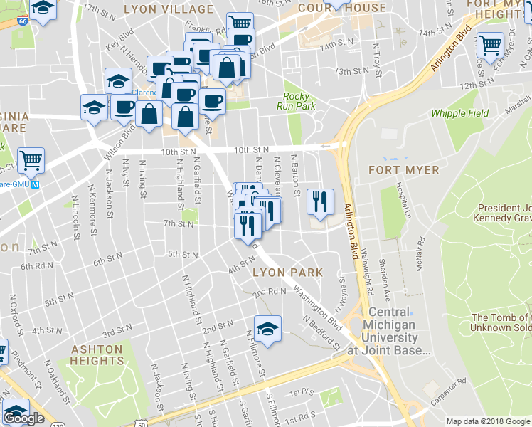 map of restaurants, bars, coffee shops, grocery stores, and more near 727 North Danville Street in Arlington