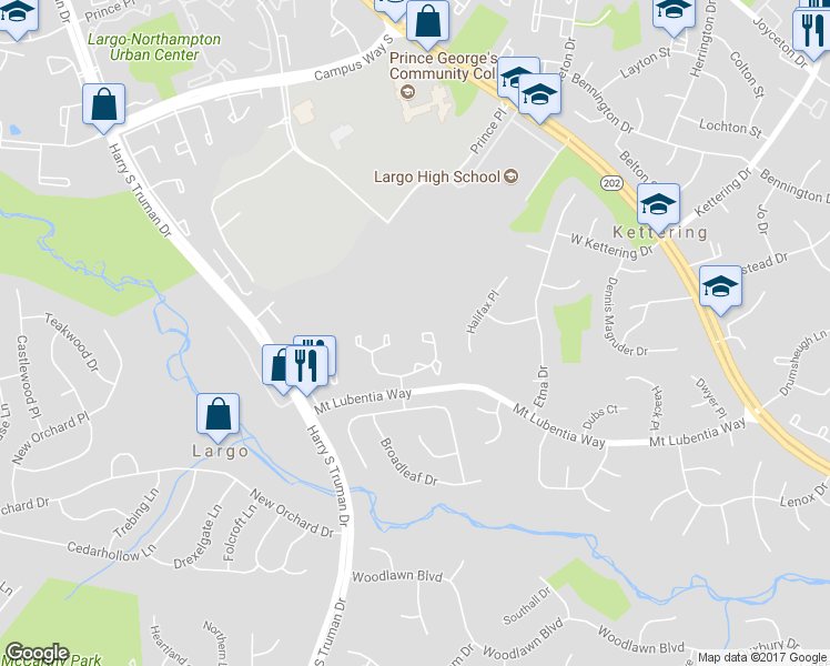 map of restaurants, bars, coffee shops, grocery stores, and more near 640 Mount Lubentia Court East in Upper Marlboro