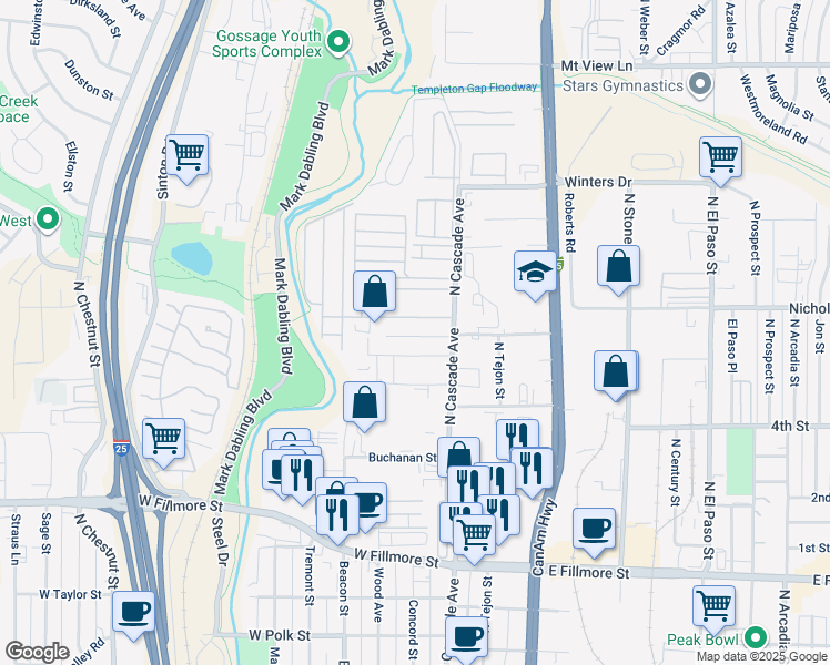 map of restaurants, bars, coffee shops, grocery stores, and more near 35 Sunflower Road in Colorado Springs