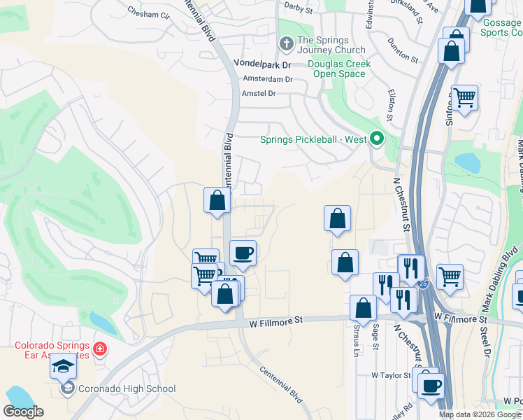 map of restaurants, bars, coffee shops, grocery stores, and more near 3562 Rialto Heights in Colorado Springs