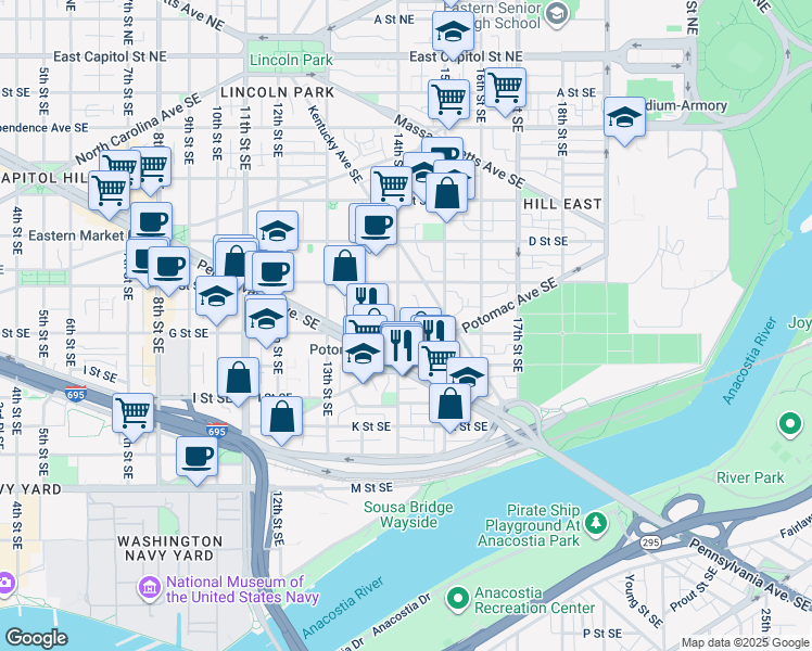 map of restaurants, bars, coffee shops, grocery stores, and more near 101 Independence Avenue Southeast in Washington