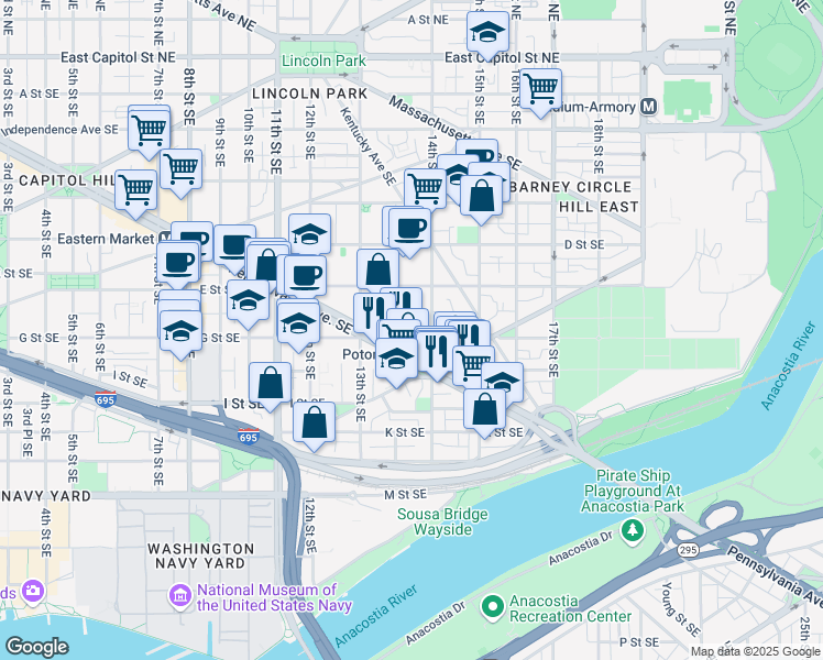 map of restaurants, bars, coffee shops, grocery stores, and more near 101 Independence Avenue Southeast in Washington