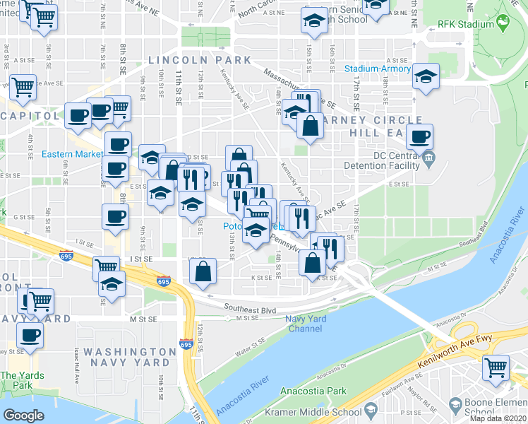 map of restaurants, bars, coffee shops, grocery stores, and more near 101 Independence Avenue Southeast in Washington