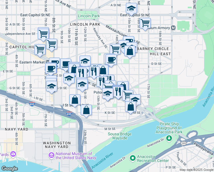map of restaurants, bars, coffee shops, grocery stores, and more near 101 Independence Avenue Southeast in Washington