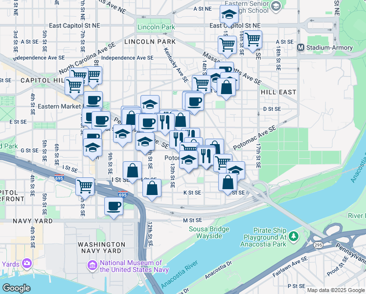 map of restaurants, bars, coffee shops, grocery stores, and more near 101 Independence Avenue Southeast in Washington