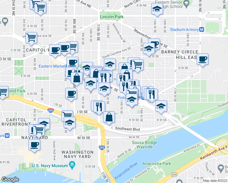 map of restaurants, bars, coffee shops, grocery stores, and more near 101 Independence Avenue Southeast in Washington