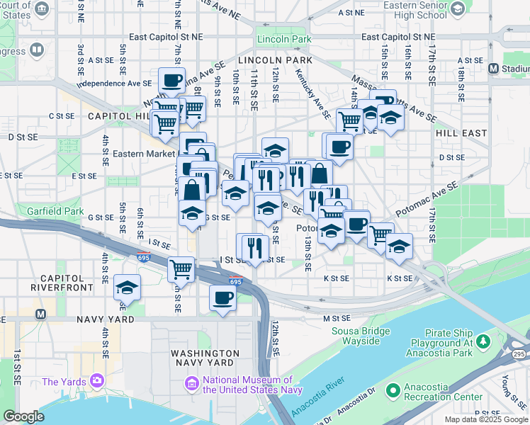 map of restaurants, bars, coffee shops, grocery stores, and more near 101 Independence Avenue Southeast in Washington