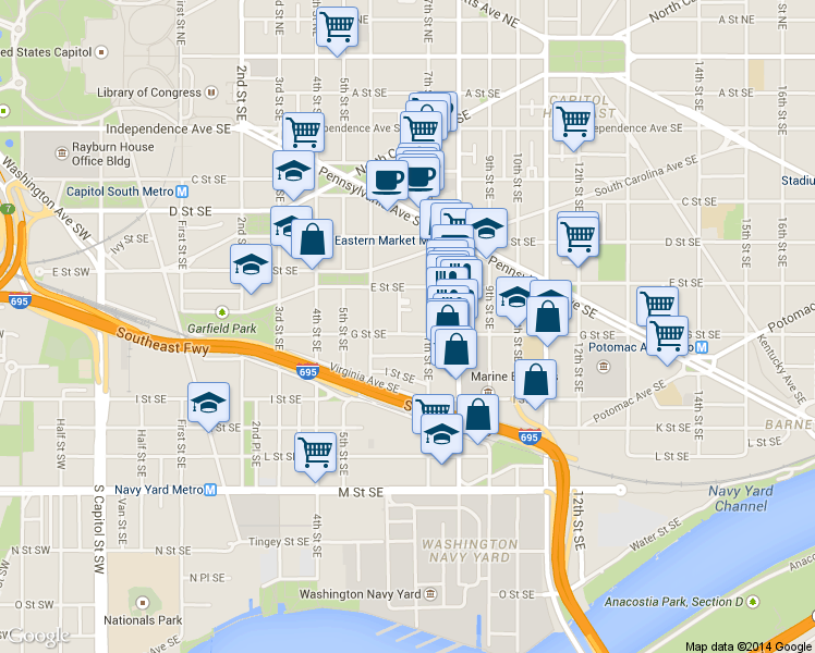 map of restaurants, bars, coffee shops, grocery stores, and more near 101 Independence Avenue Southeast in Washington