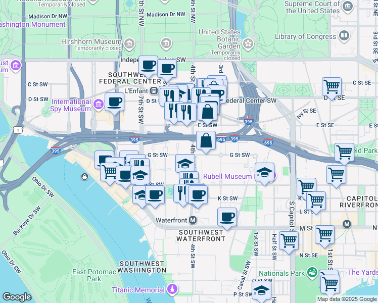 map of restaurants, bars, coffee shops, grocery stores, and more near 101 Independence Avenue Southeast in Washington