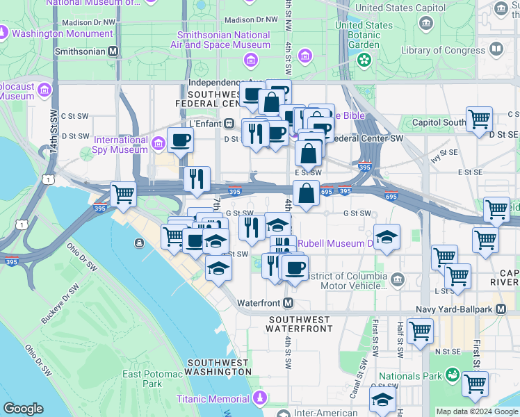 map of restaurants, bars, coffee shops, grocery stores, and more near 101 Independence Avenue Southeast in Washington