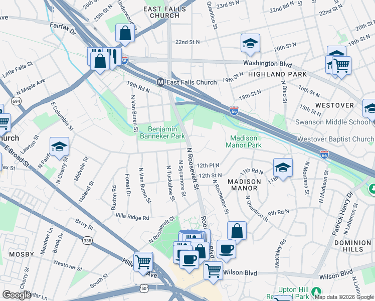 map of restaurants, bars, coffee shops, grocery stores, and more near 6502 16th Street North in Arlington