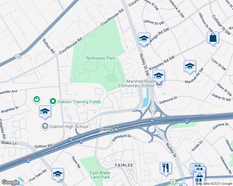 map of restaurants, bars, coffee shops, grocery stores, and more near 9421 Colonade Drive in Vienna