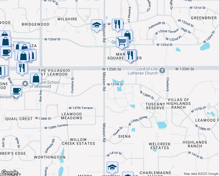 map of restaurants, bars, coffee shops, grocery stores, and more near 13740 Howe Lane in Leawood