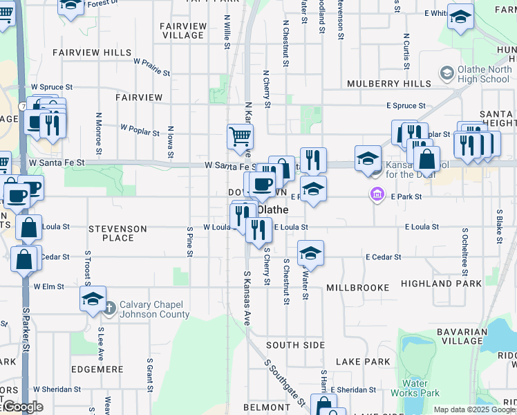 map of restaurants, bars, coffee shops, grocery stores, and more near in Olathe