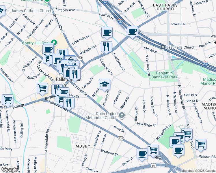 map of restaurants, bars, coffee shops, grocery stores, and more near 219 North Cherry Street in Falls Church
