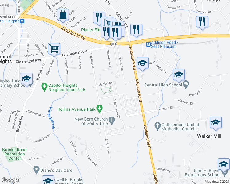 map of restaurants, bars, coffee shops, grocery stores, and more near 530 Victorianna Drive in Capitol Heights