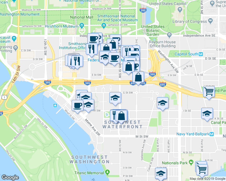 map of restaurants, bars, coffee shops, grocery stores, and more near 425 G Street Southwest in Washington