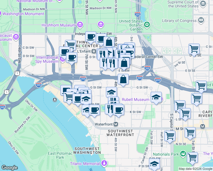 map of restaurants, bars, coffee shops, grocery stores, and more near 501 G Street Southwest in Washington