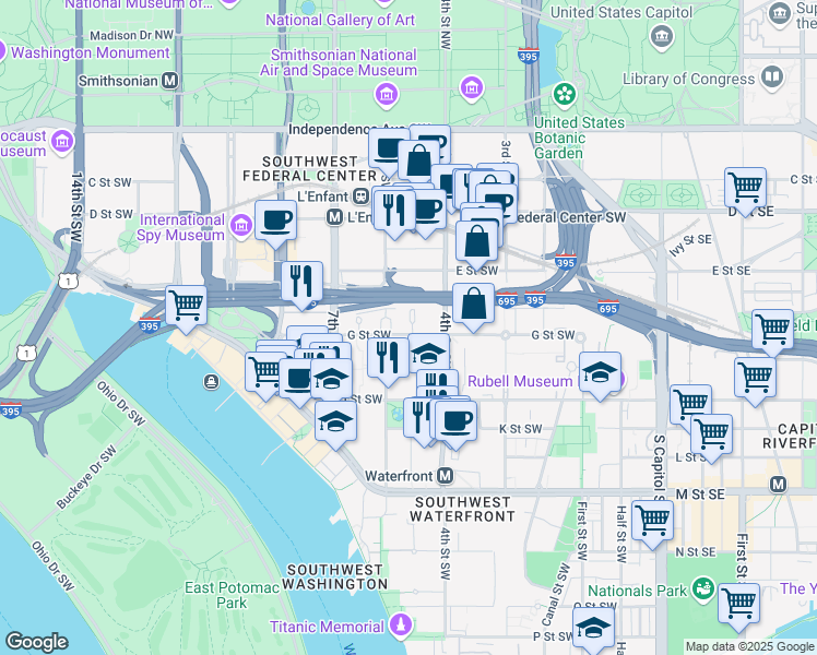 map of restaurants, bars, coffee shops, grocery stores, and more near 503 G Street Southwest in Washington