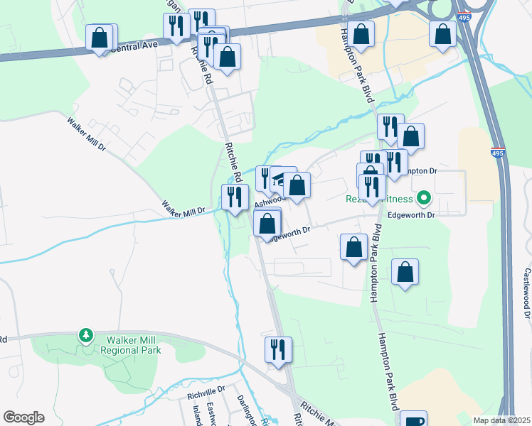 map of restaurants, bars, coffee shops, grocery stores, and more near 8521 Ashwood Drive in Capitol Heights